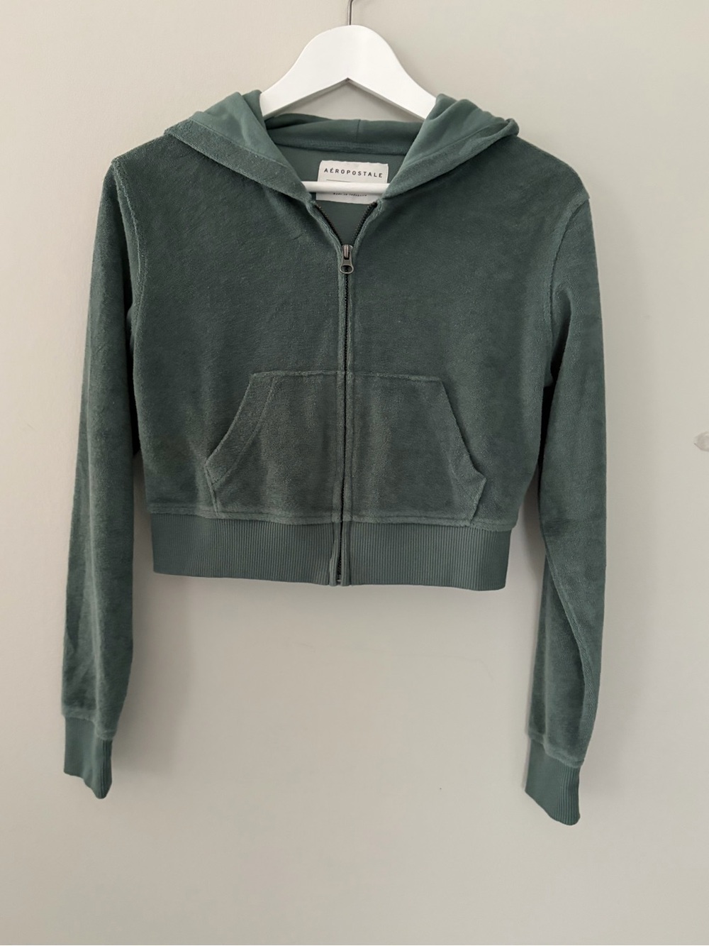 Aeropostale Cropped Hooded Zip-Up Terry Jacket with Pockets Green Small